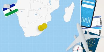 Travel to Lesotho concept, map with pin on map of Lesotho. Vacation preparation map, flag, passport and tickets. vector