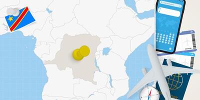 Travel to DR Congo concept, map with pin on map of DR Congo. Vacation preparation map, flag, passport and tickets. vector
