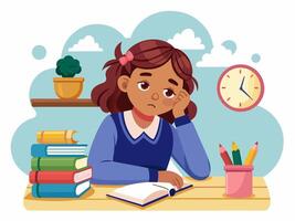 A girl is sitting at a desk with books and a clock vector