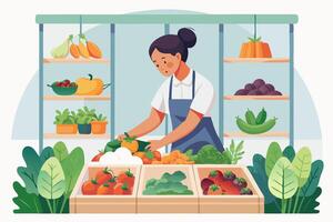 A woman is standing in front of a produce stand vector