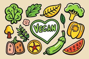 Vegan food icons set with heart and heart shape vector