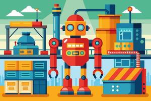 A robot is standing in front of a factory vector