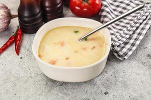 Salmon cream soup with vegetables photo