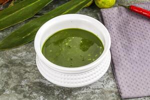 Green spinach cream vegan soup photo