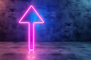 Neon pink arrow pointing up, standing on a reflective floor against a textured blue wall photo