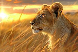 A majestic lioness gazes across the golden savannah at sunset, with the warm glow of the sun highlighting her features photo