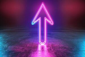 Neon pink arrow pointing up, standing on a reflective surface against a dark background with red and blue highlights photo
