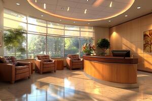 Sophisticated clinic reception area featuring a high-end design with polished wood surfaces photo