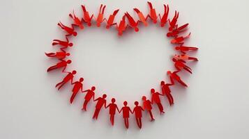 Top-down view of interconnected red paper cutout people forming a heart shape, holding hands photo
