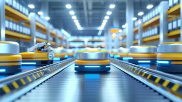 Photorealistic image of an advanced warehouse with automated robots and conveyor photo