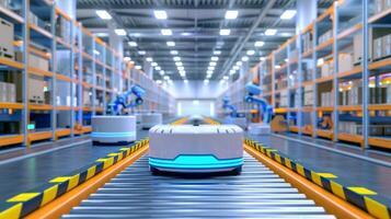 Photorealistic image of a streamlined supply chain operation with automated machinery and robotics photo