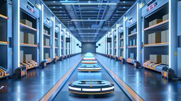 Photorealistic image of a futuristic warehouse with automated robots and conveyor belts efficiently handling goods photo