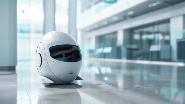 A futuristic robotics project poster showcasing a compact service robot with smooth curves and a white and silver finish photo