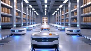 Photorealistic image of a futuristic warehouse with autonomous robots efficiently navigating through organized shelves photo