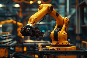 A powerful yellow industrial robot arm in an advanced manufacturing plant, showcasing precision and automation photo