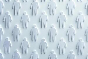 Pattern of white paper cutout people evenly spaced on a white background, creating a subtle shadow effect. photo