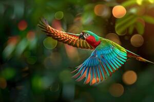 A colorful parrot with green, blue, and red feathers captured mid-flight against a lush, blurred jungle backdrop photo