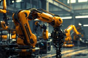 A powerful yellow industrial robot arm in an advanced manufacturing plant, demonstrating precision and automation photo