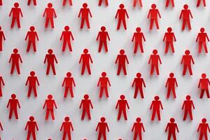 Pattern of red paper cutout people evenly spaced on a white background photo