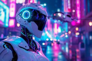 A futuristic robotics project poster showcasing a sleek humanoid robot with a metallic and white finish photo