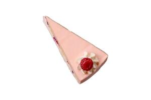 Piece of sweet cake with pink cream with raspberry flavor, with shortbread, cheesecake photo