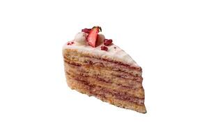 Piece of sweet layer cake with white cream, raspberries and strawberries photo