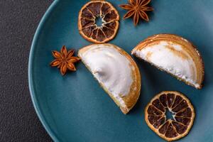 Sweet lemon tart with cream filling and zest photo