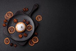 Sweet lemon tart with cream filling and zest photo