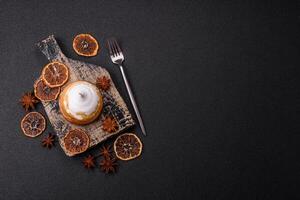 Sweet lemon tart with cream filling and zest photo