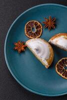 Sweet lemon tart with cream filling and zest photo
