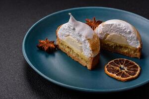Sweet lemon tart with cream filling and zest photo