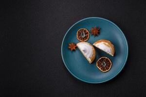 Sweet lemon tart with cream filling and zest photo