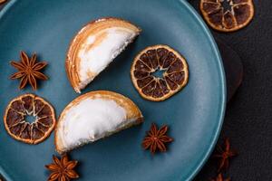 Sweet lemon tart with cream filling and zest photo