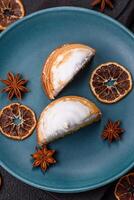 Sweet lemon tart with cream filling and zest photo
