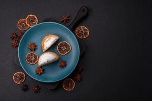 Sweet lemon tart with cream filling and zest photo