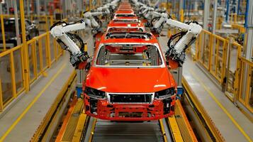 Factory robots working in unison, assembling complex car parts with speed and precision photo