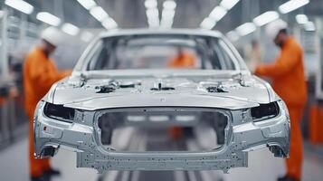 Fully automated assembly line in car factory, emphasizing precision and speed of mass production photo
