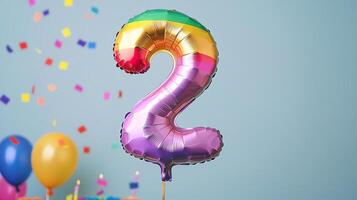 Bright rainbow number 2 balloon in a colorful setting, lively birthday scene, festive decor and confetti photo