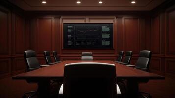 Empty boardroom with a digital presentation of business strategy on a screen, prepared for analysis photo