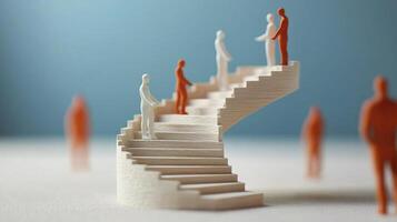 Abstract human figures building a spiral staircase together, teamwork, unity, and structural growth. photo