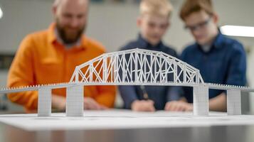 Group of engineers planning bridge structure, teamwork in architecture, collaborative project photo