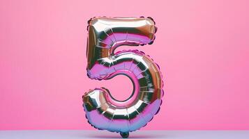 Chrome number 5 balloon on a clean, gradient backdrop, modern birthday setup, simple and elegant photo