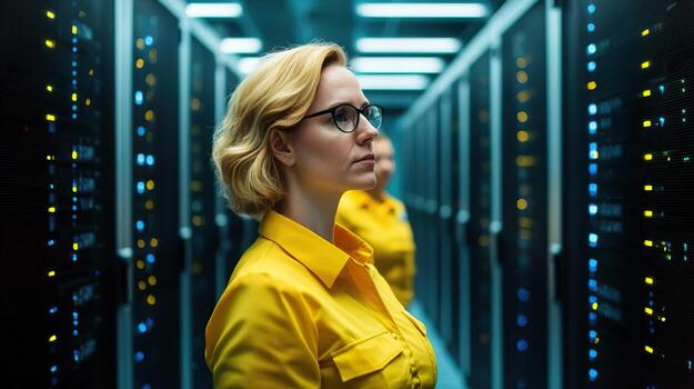 Diverse group assessing data performance on servers, efficient tech management, gender equality in IT photo