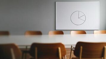 Empty workspace with a pie chart drawn on a whiteboard, indicating readiness for teamwork in analysis photo