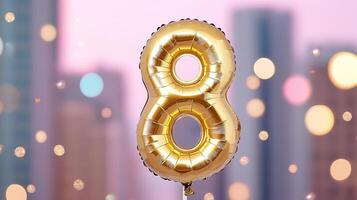 Gold number 8 balloon in pastel color scheme, surrounded by sparkles, soft and whimsical birthday celebration photo