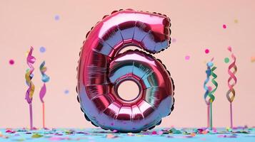 Glossy number 6 balloon with confetti around, cheerful birthday setup, vibrant and full of color photo