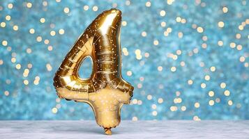 Gold number 4 balloon in pastel tones with sparkles, elegant and soft birthday setup, dreamy background photo