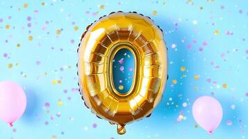 Golden number 0 balloon in pastel background with floating sparkles, whimsical and elegant birthday theme photo