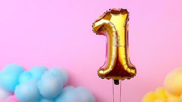 Golden number 1 balloon floating in pastel clouds, whimsical and dreamy birthday celebration, soft colors and sparkles photo