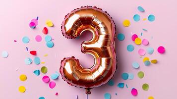 Glossy number 3 balloon surrounded by floating confetti, fun and cheerful birthday theme, colorful and vibrant photo